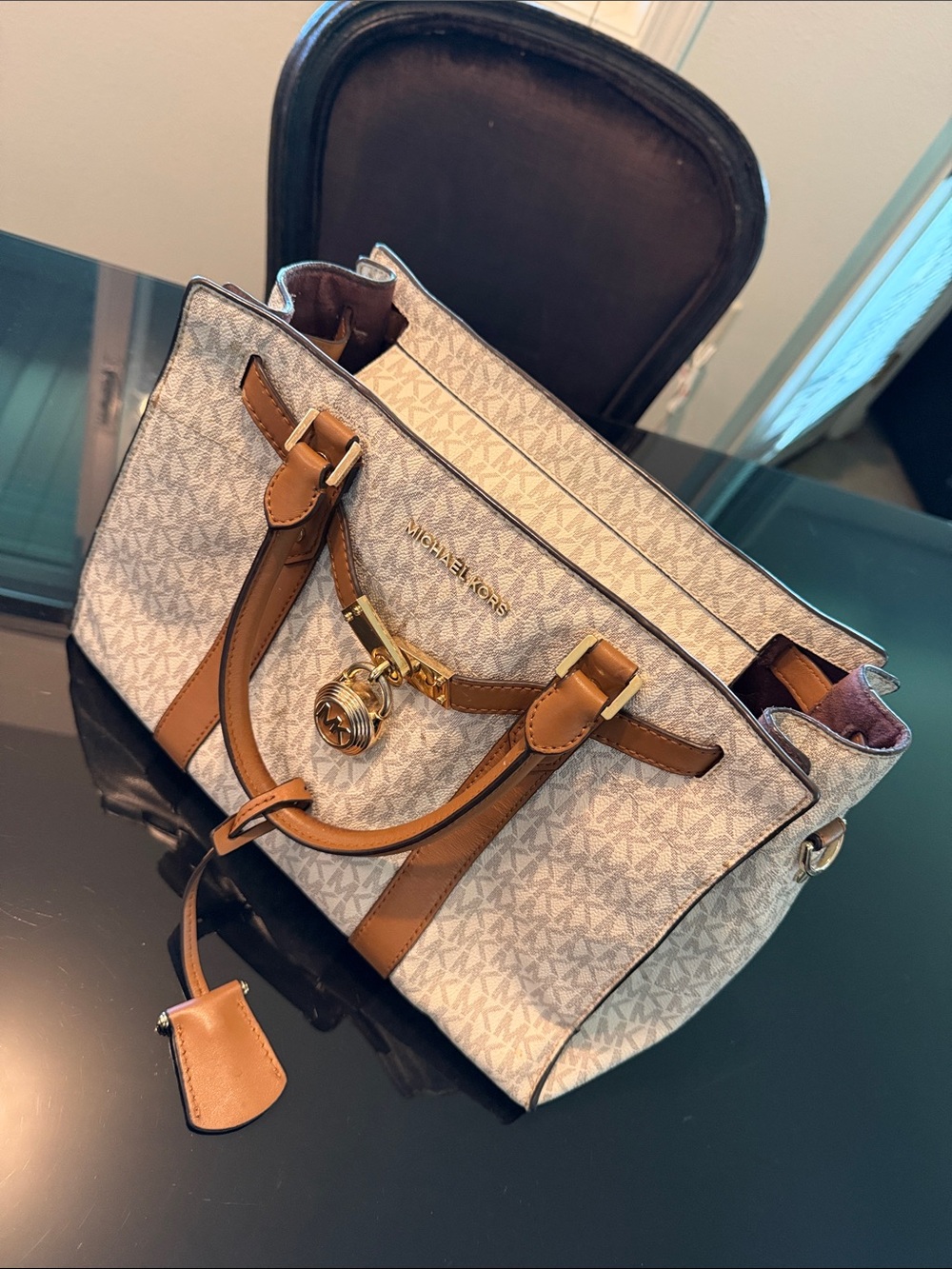 Michael Kors Vanilla Logo Satchel with Brown Trim and Gold Hardware